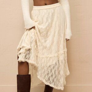 American Eagle High-Waisted Handkerchief Hem Lace Maxi Skirt in Cream
